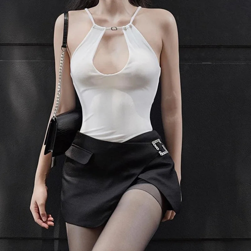 Halter Neck Bodysuit Sleeveless Bodycon Top Hollow Out