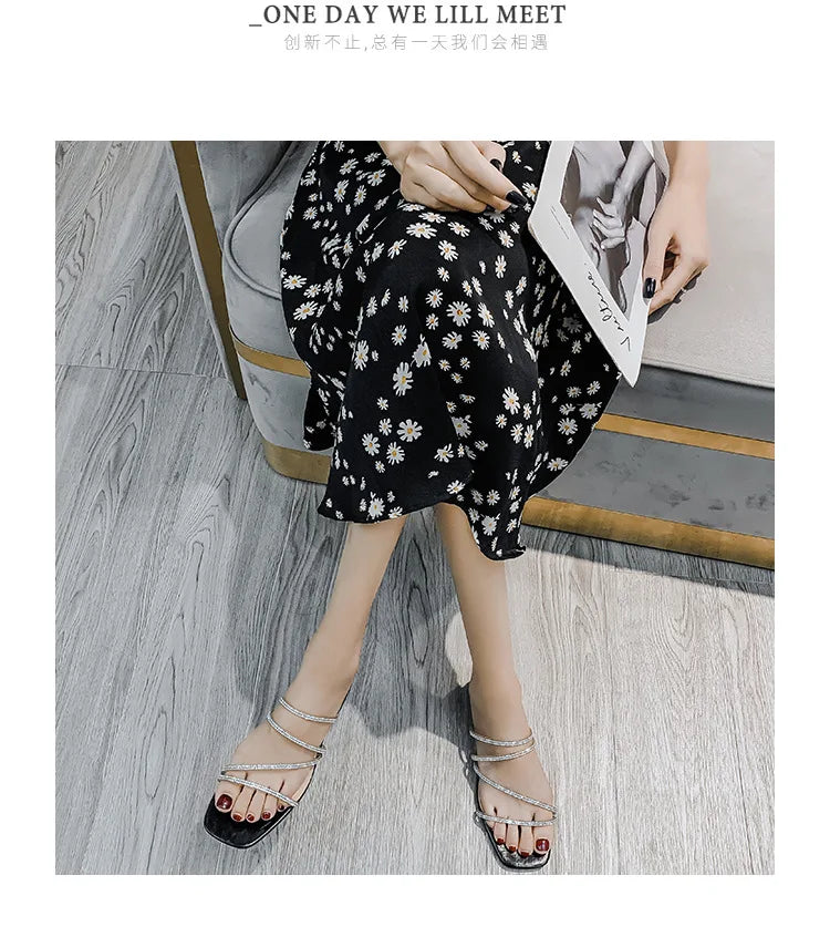 Crystal Rhinestone Clear Strap Sandals With Low Heel