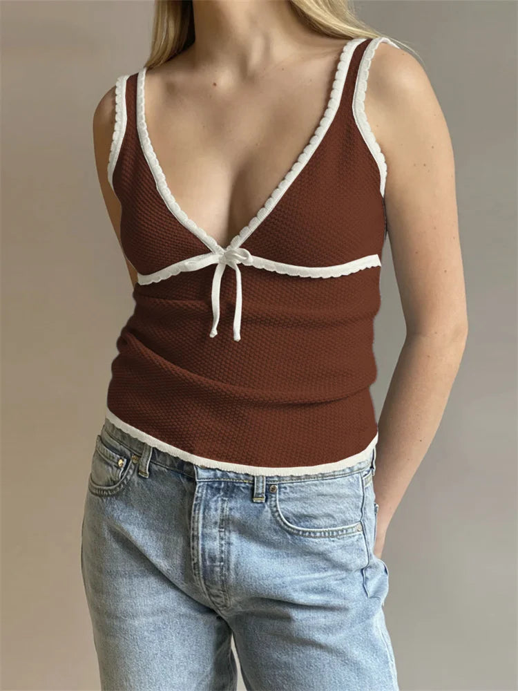 Backless Lace Up Crop Tank Top With V Neck