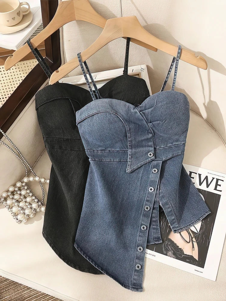 Denim Bustier Camisole Crop Top With Removable Strapless Corset