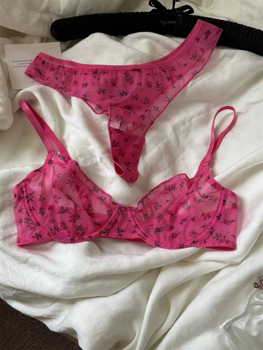 French Ultra Thin Lace Floral Lingerie Set With Plunge Mesh Bra And Matching Thong