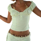 Crop Top With V Neck Cap Sleeves Button Front