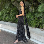 Elegant Polka Dot Halter Sleeveless Maxi Dress With Pleated Skirt And Ribbon Scarf