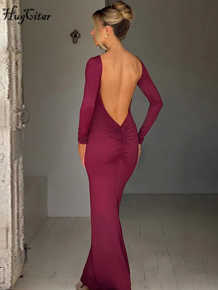 Elegant Backless Long Sleeve Maxi Dress With Bodycon Fit