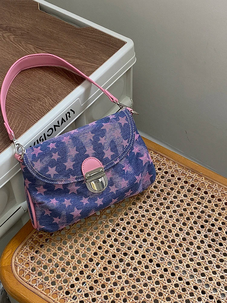 Contrast Color Star Print Crossbody Bag for Women Lightweight Shoulder Purse With Buckle
