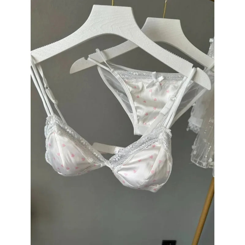 French Style Satin Lace Lingerie Set With Triangle Cups Wireless Soft Fabric Daily Wear