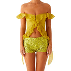 Ruched Ruffle Split Front Crop Top With Off Shoulder Backless