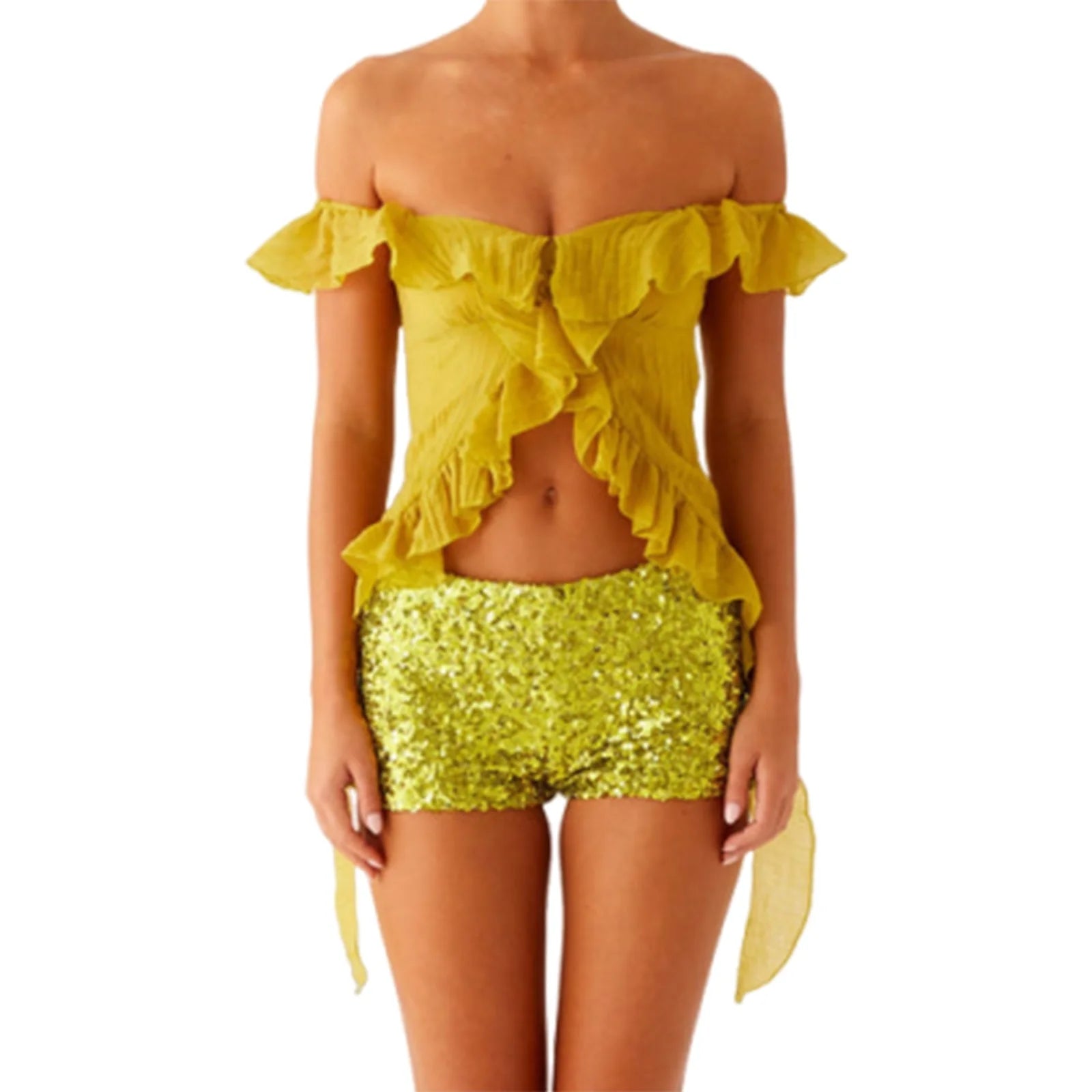 Ruched Ruffle Split Front Crop Top With Off Shoulder Backless