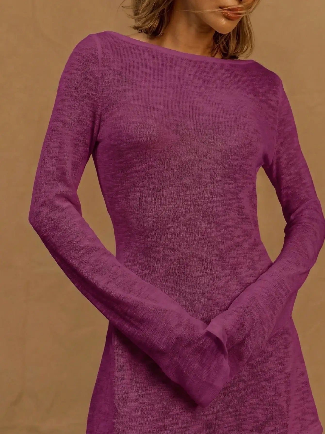 A Line Knit Mini Dress With Slash Neck And Bell Sleeves