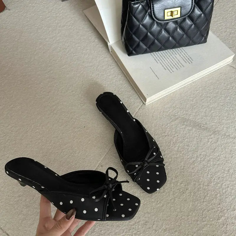 Elegant Polka Dot Satin Slippers With Square Toe And Butterfly Knot