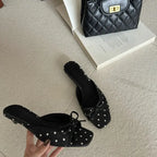 Elegant Polka Dot Satin Slippers With Square Toe And Butterfly Knot