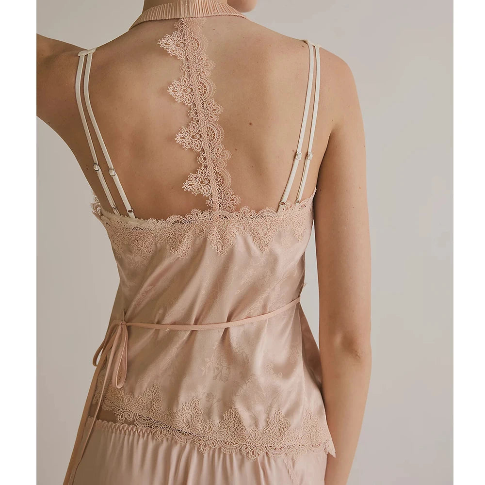 Coquette Aesthetic Satin Lace Trim Sleeveless Backless Asymmetrical Camisole Tanks