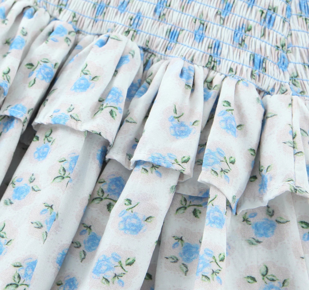 Flower Print Corset Ruched Elastic Body Sling Mini Square Collar Ruffles Hem Dress