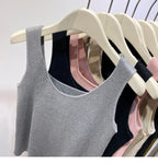 Knitted Strap Top With Clavicle Square Collar