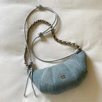 Retro Denim Crossbody Bag With Chain Ornament