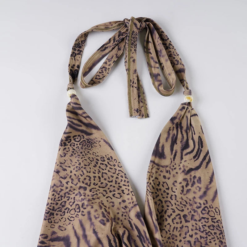 Leopard Print two piece Set Halter Crop Top With Deep V Backless Low Rise Shorts Outfit