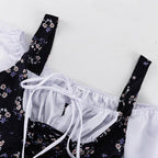 Floral Patchwork Mini Dress With Off Shoulder Square Collar Two Piece Look A Line