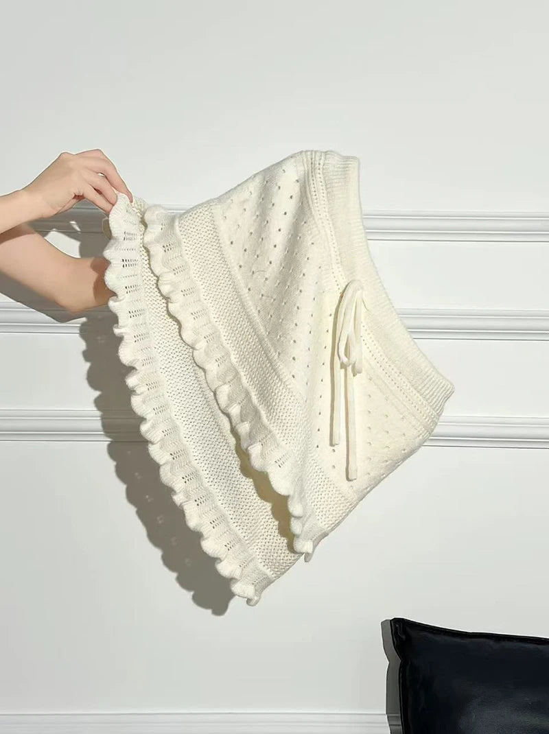 Patchwork Knit Mini Skirt With High Waist Ruffle And Hollow Out Details