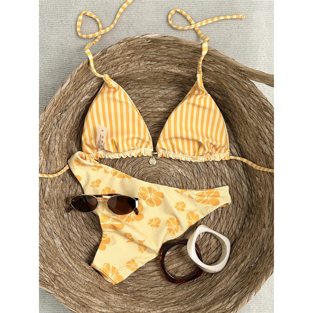 Brazilian Padded Sexy Floral Halter Two-pieces Bikini set