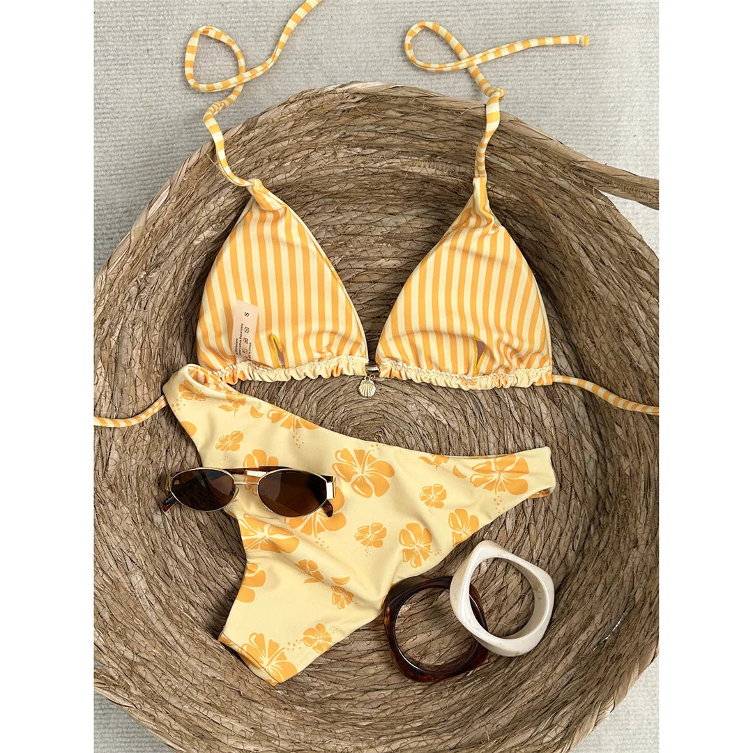Brazilian Padded Sexy Floral Halter Two-pieces Bikini set
