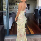 Women's V Neck Ruffled Slim Long Fashion Sleeveless Floral Print Backless Dress