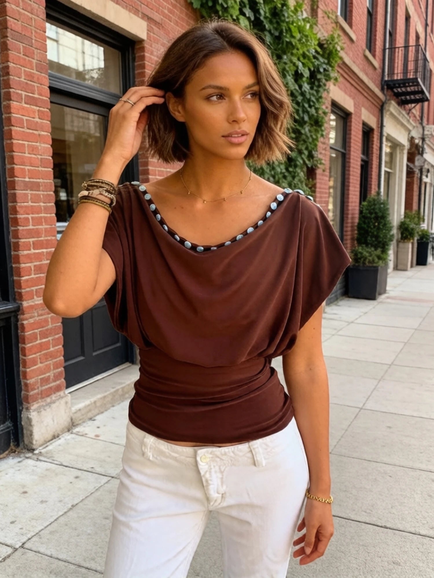 Women's Ruched O-Neck Top