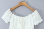 Women Sweet Lace Patchwork Bow Tied Blouses French Slash Neck Short Sleeve