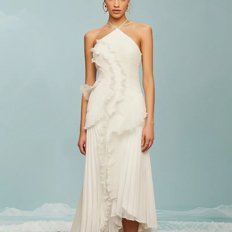 Halter Gown In Chiffon With Backless Ruffles