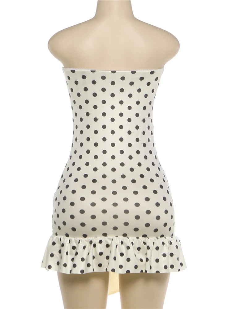 White Polka Dot Strapless Backless Tassel Bodycon Mini Dress