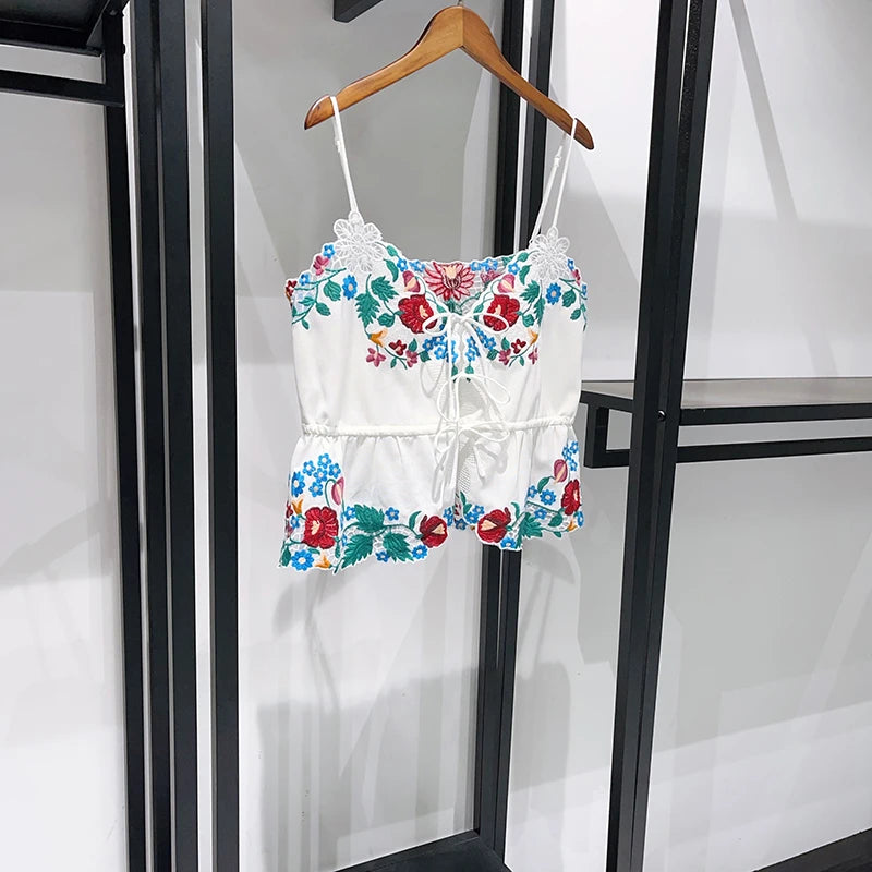 Romantic Floral Lace Embroidered Midi Set With Sleeveless Top And Side Slit Skirt
