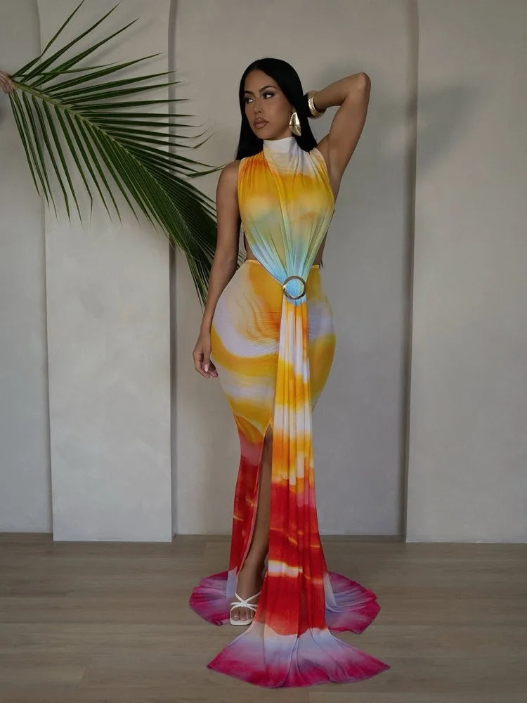 O-Neck Maxi Dress With High Split And Stacked Print