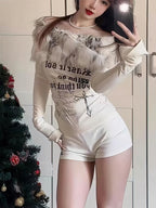 Lux Fur Graphic Long Sleeve Top With Off Shoulder Detail Vintage Inspired White Tee