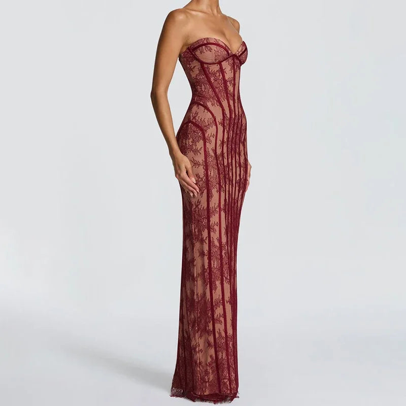 Elegant Backless Strapless Tulle Maxi Dress With Patchwork Print Off Shoulder Evening Gown