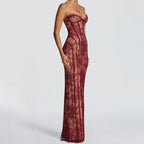 Elegant Backless Strapless Tulle Maxi Dress With Patchwork Print Off Shoulder Evening Gown