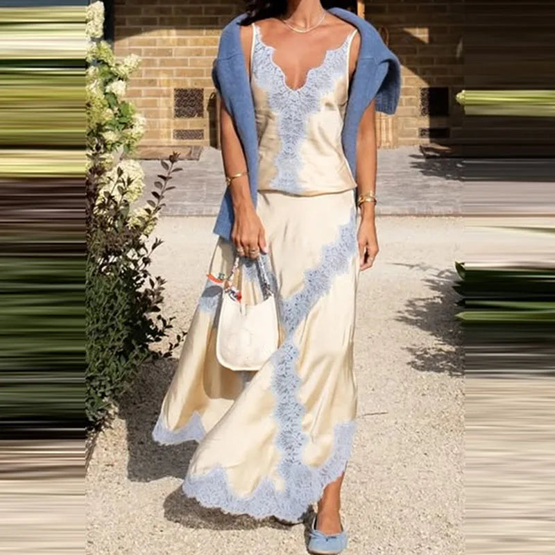 Lace Patchwork Two-piece Set With V-Neck Sling Top And Long Skirt