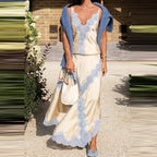 Lace Patchwork Two-piece Set With V-Neck Sling Top And Long Skirt