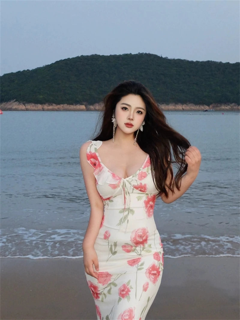 Rose Print Reverie Backless Fishtail Midi Dress With Tiered Ruffles And V Neck