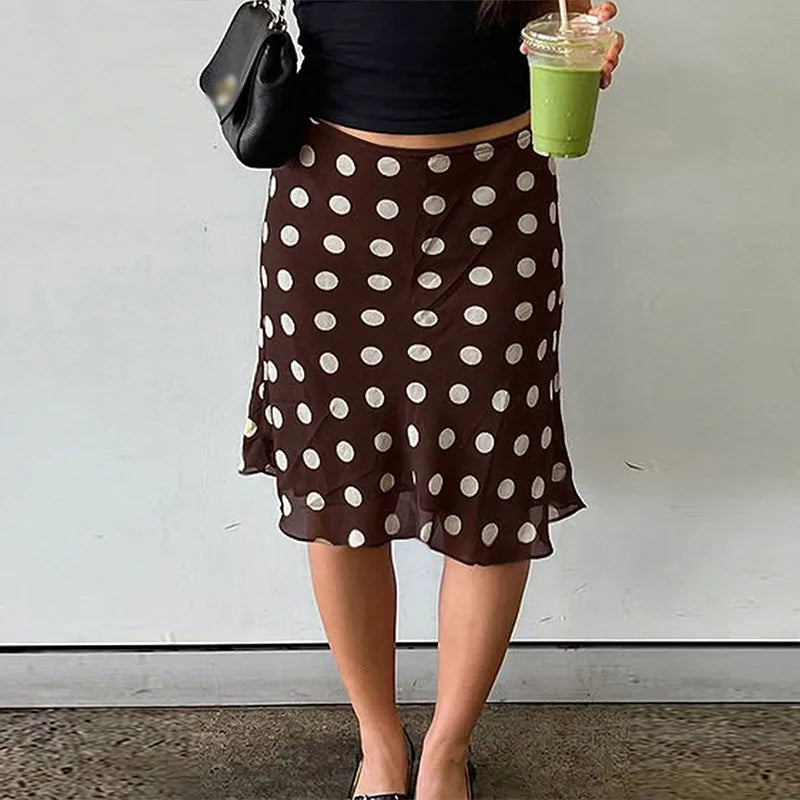 Polka Dot Satin Mesh Midi Skirt With High Waist A Line