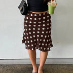 Polka Dot Satin Mesh Midi Skirt With High Waist A Line