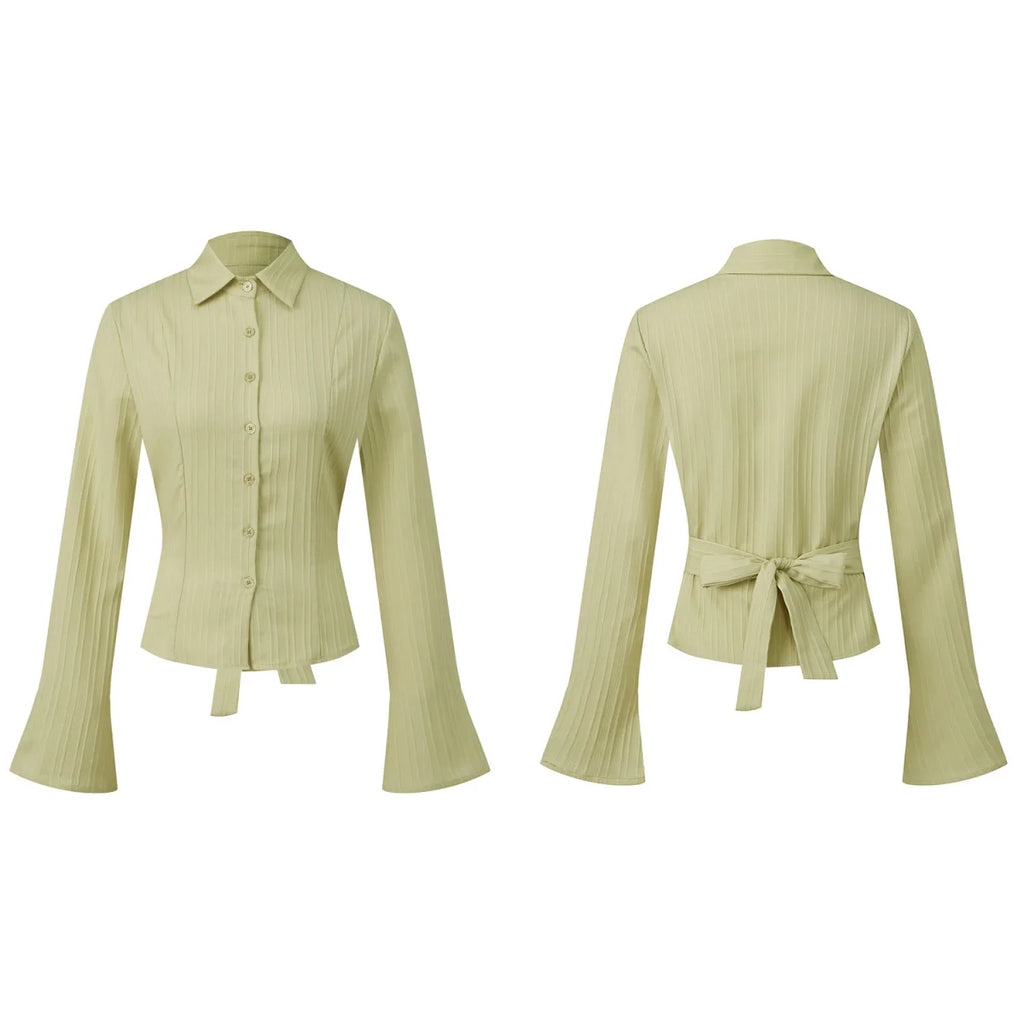 Cinched Waist Button Down Blouse With Back Tie Long Sleeve