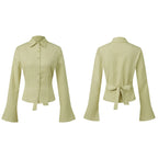 Cinched Waist Button Down Blouse With Back Tie Long Sleeve
