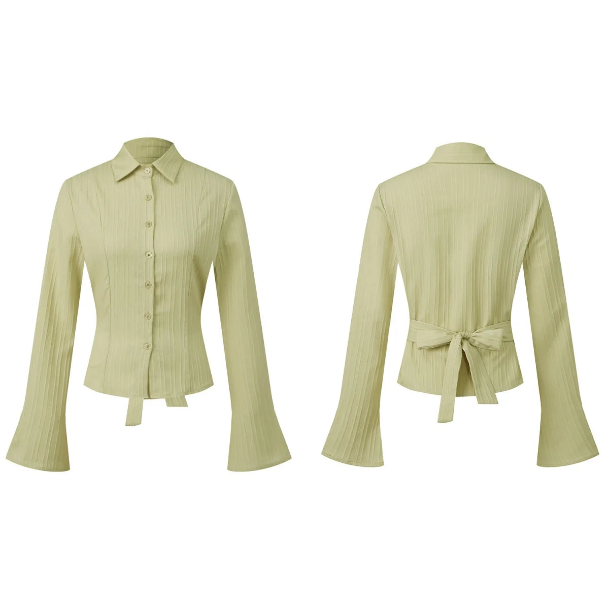 Cinched Waist Button Down Blouse With Back Tie Long Sleeve