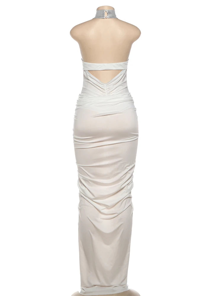 Elegant Backless Halter Ruched Long Dress With Striped Detailing