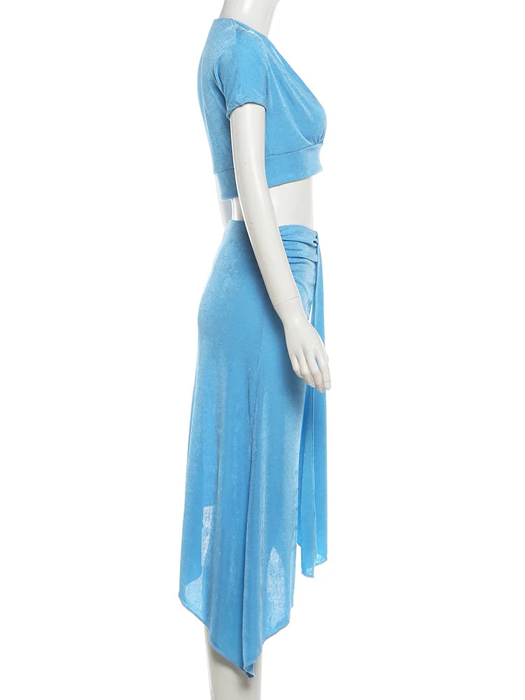 Velvet two piece Set for Women With V Neck Crop Top Ruched Ribbon Patchwork Irregular Hem