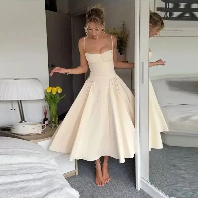 Backless Suspender Midi Dress Sleeveless A Line Style For Evening Wear