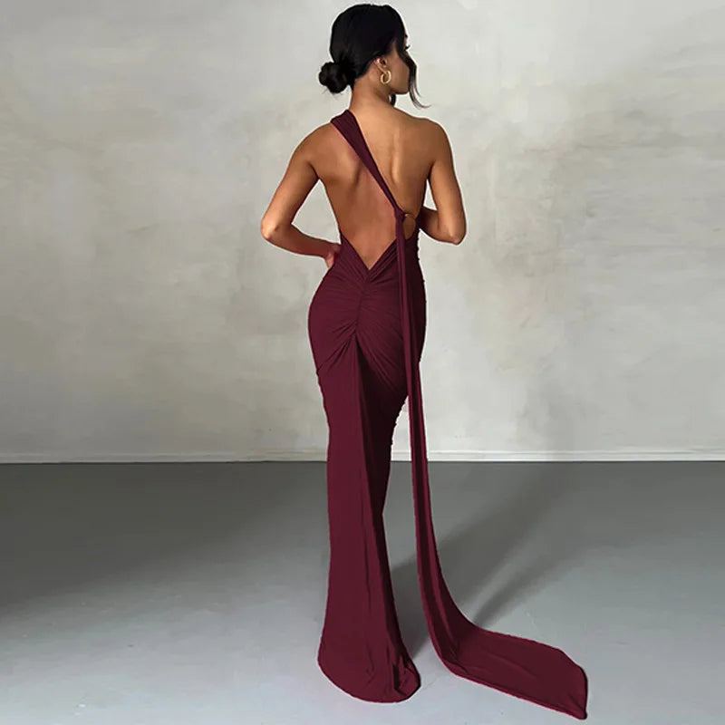 One Shoulder Backless Ruched Dress