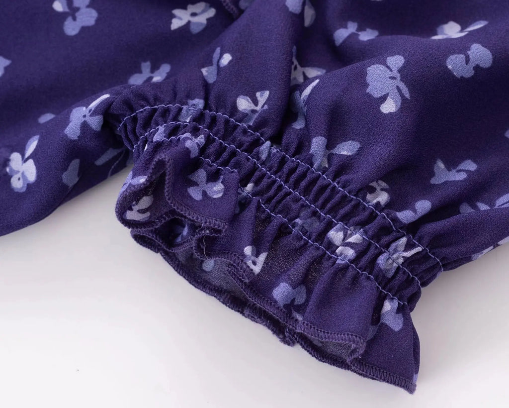 Purple Square Neckline Floral Print Blouse Flare Short Sleeve