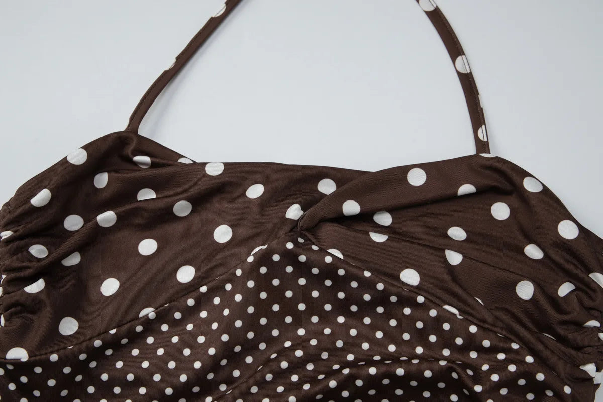 Polka Dot Print Bodysuit Wrap Belted Ruffled Back Cinched Pure Desire Style French for Women