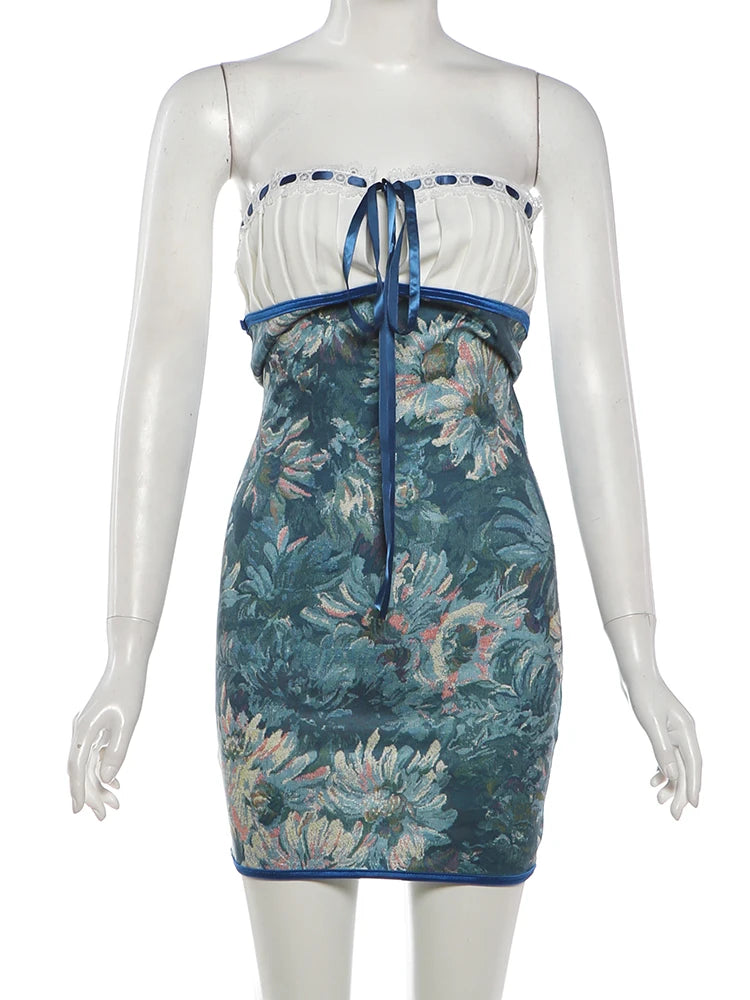 Ribbon Bow Women Lace Patchwork Art Print Folds Mini Body-con Dress
