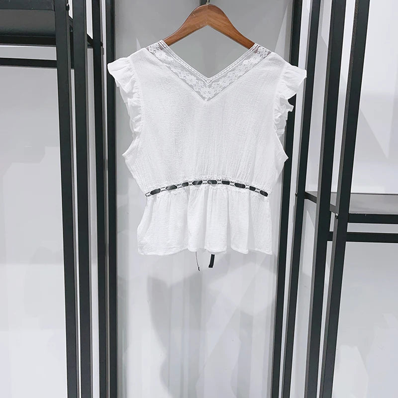 Sweet Lace V Neck Blouse With Ruffles And Flutter Sleeves